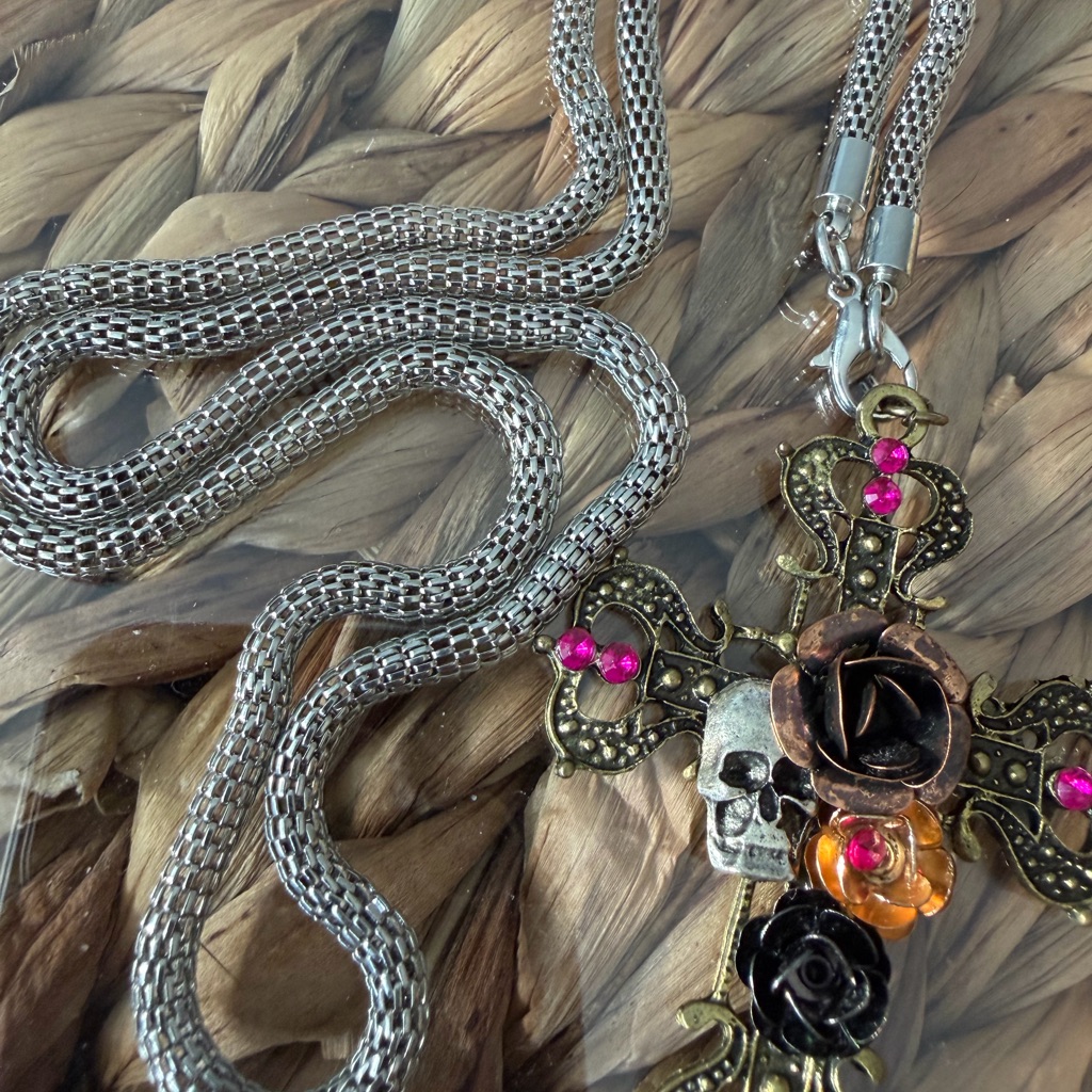 Vintage-Inspired Brass Cross Pendant Necklace With Pink And Black Accents